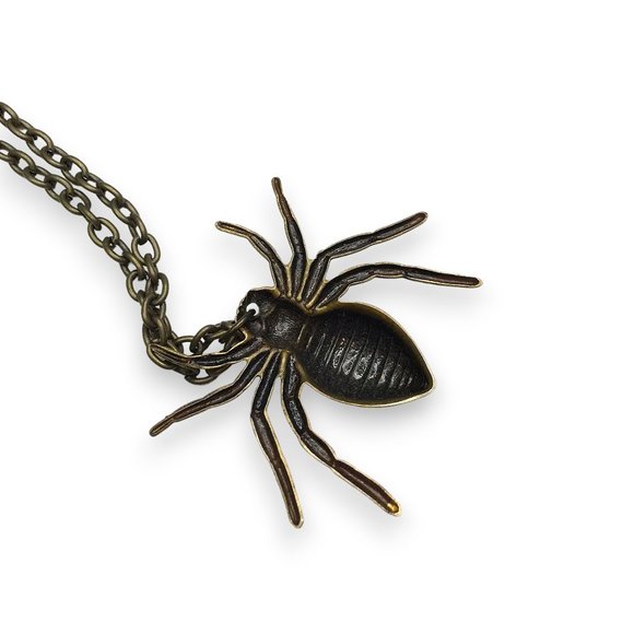 Antiqued Brass Spider Insect Stamping Aged Oxidized Charm Pendant Necklace - Picture 4 of 5